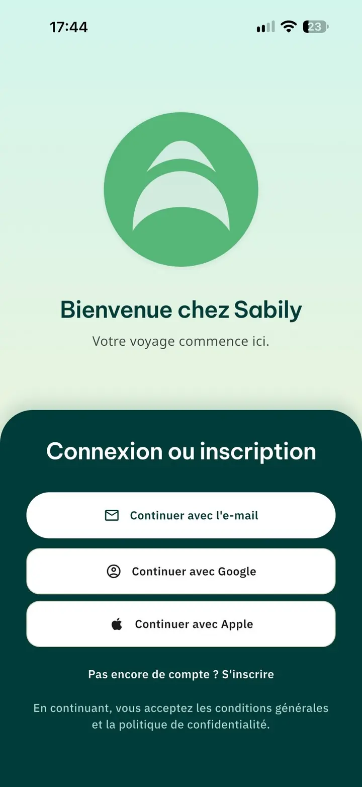 Écran d'accueil de l'application Sabily