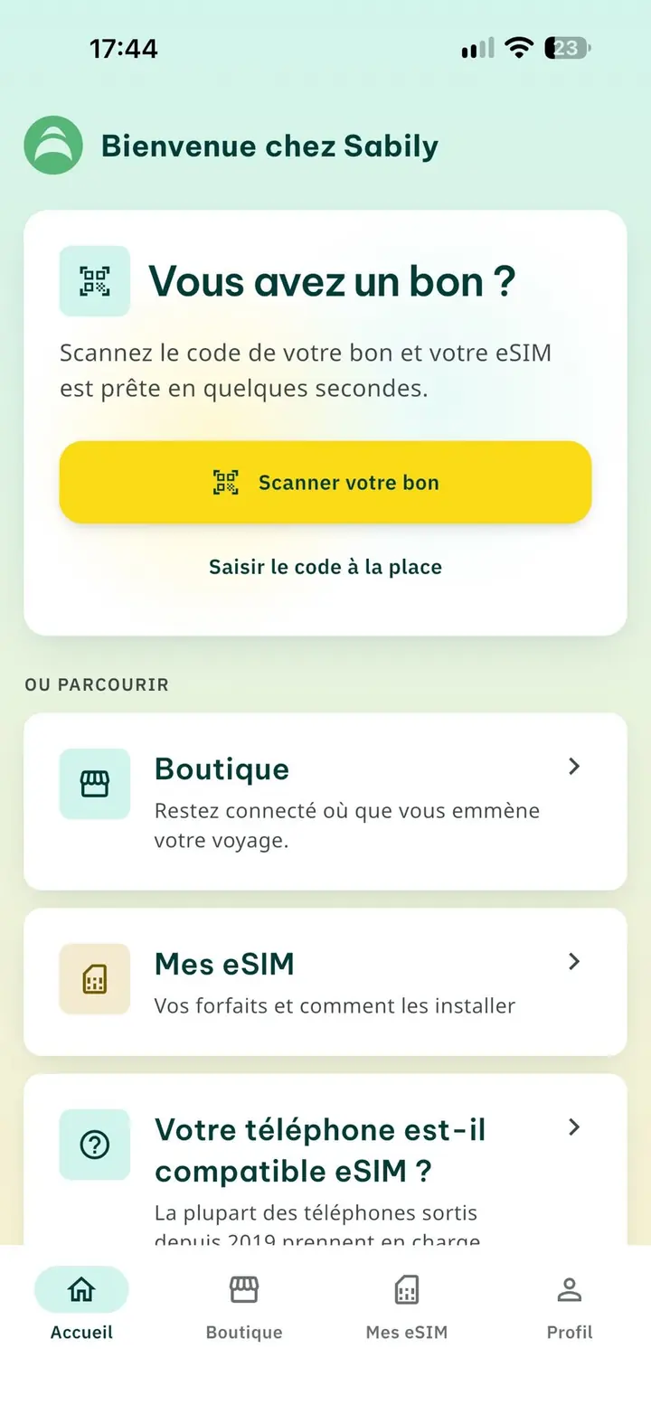 Accueil de l'application Sabily
